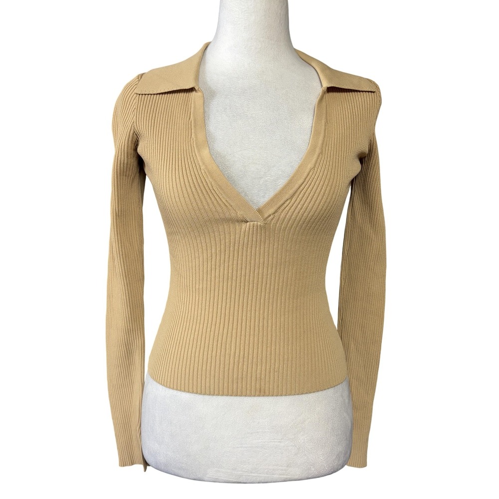 Dissh Sweater Womens XS Beige Ribbed Collared Deep V‎ Neck Long Sleeve Top